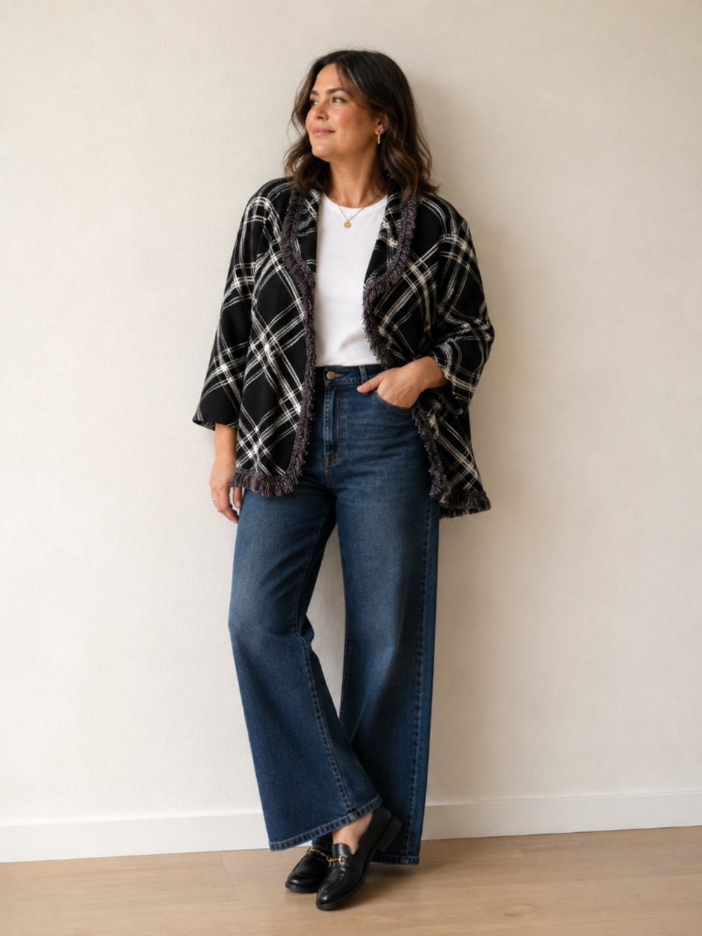 Chicos Open front Cardigan Shawl Collar Fringe Geo Plaid Black White Thick Knit